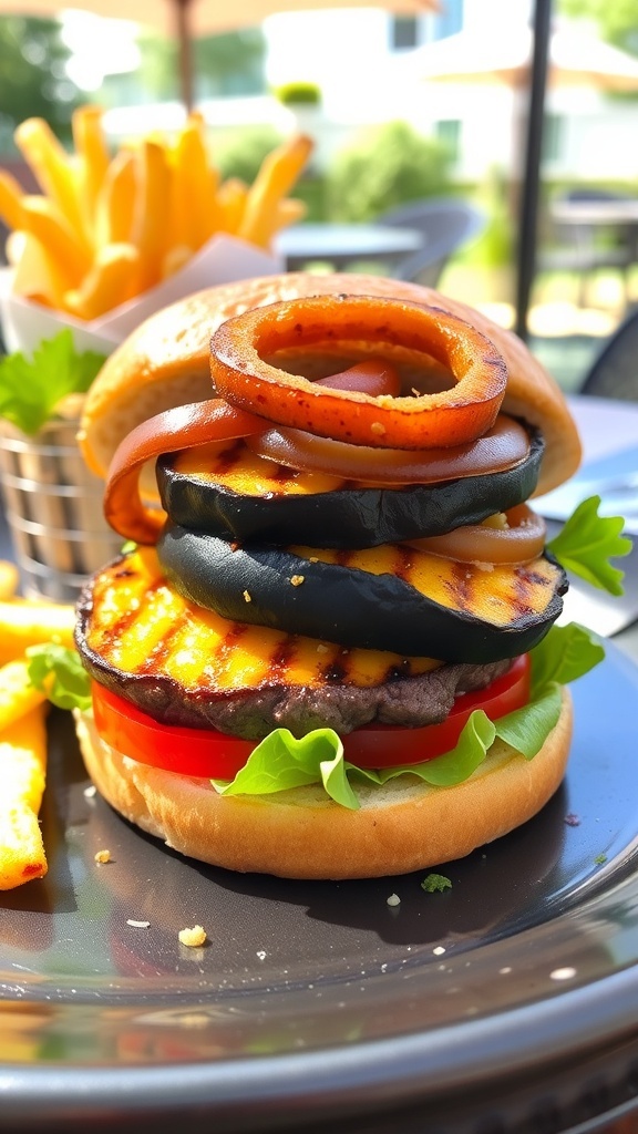 Grilled hamburger with roasted eggplant, lettuce, tomato, and onion on a toasted bun, served with fries.